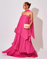 Vestido de Festa Longo Chiffon Crepe em Camadas com Lenço Pink
