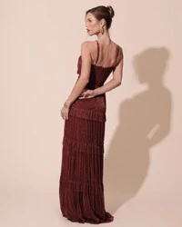 Vestido de Festa Longo Tule com Saia Babado Marsala