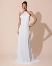 Vestido de Festa Longo Cetim Fluido com Argola Frente Única Branco