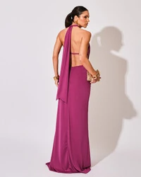 Vestido de Festa Longo Malha Jersey Gola Alta Saia Sereia Fúcsia Beterraba