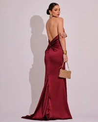 Vestido de Festa Longo em Cetim Alfaiataria com Elastano Frente Única Marsala