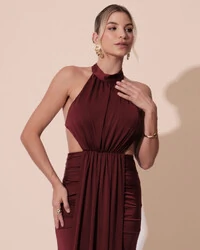 Vestido de Festa Longo Malha Jersey Gola Alta Saia Sereia Marsala