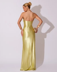 Vestido de Festa longo Cetim Malha Metálico Tomara que Caia Detalhe Drapeado Verde Lima