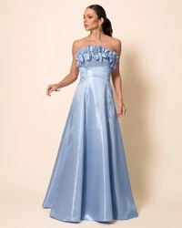 Vestido de Festa Longo Cetim Cristal Tomara que Caia com Flor 3D Serenity