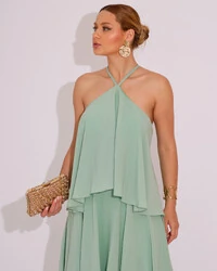 Vestido Longo Babado em Camadas Verde Menta