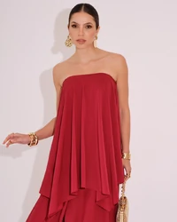 Vestido de Festa Longo Tomara que Caia em Camadas Marsala