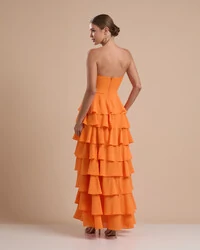 Vestido Longo Crepe Chiffon Tomara que Caia Plissado em Camadas Laranja