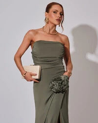 Vestido Longo Tomara que Caia Malha Fenda Verde Oliva