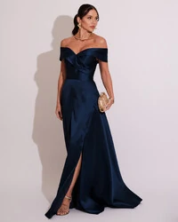 Vestido de Festa Longo Zibeline Ombro a Ombro com Fenda Azul Marinho