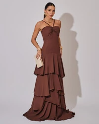 Vestido Longo Crepe com Babado em Camadas Marrom