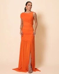 Vestido de Festa Longo Tule Faixa Detalhe Drapeado Laranja