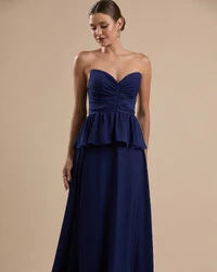 Vestido de Festa Longo Crepe Chiffon Tomara que Caia Peplum Drapeado Azul Marinho