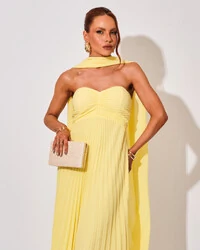 Vestido de Festa Longo Tomara que Caia Plissado com Lenço Amarelo Manteiga