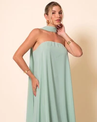 Vestido de Festa Longo Crepe Tomara que Caia com Lenço Verde Menta