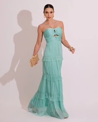 Vestido de Festa Longo Tule com Saia Babado Tiffany
