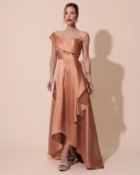 Vestido de Festa Longo Zibeline um Ombro Só Mullet Mocha Mousse New