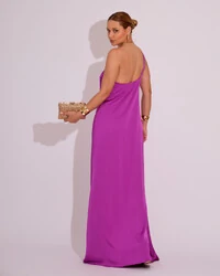 Vestido de Festa Longo em Cetim Fluido um Ombro Só Fúcsia