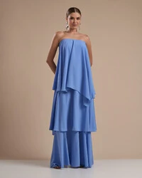Vestido de Festa Longo Chiffon Crepe em Camadas com Lenço Azul Atlantis