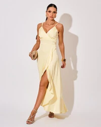 Vestido Midi Babado Acetinado Amarelo Manteiga