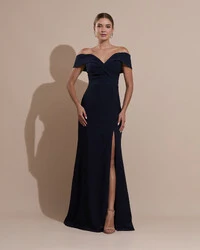 Vestido de Festa Longo Alfaiataria Ombro a Ombro com Fenda Azul Marinho Escuro