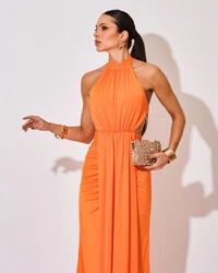 Vestido de Festa Longo Malha Jersey Gola Alta Saia Sereia Laranja