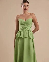 Vestido de Festa Longo Crepe Chiffon Tomara que Caia Peplum Drapeado Verde Garden