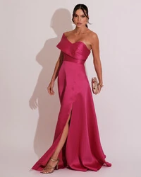Vestido de Festa longo Faixa Ombro e Fenda Zibeline Pink
