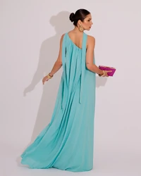 Vestido de Festa Longo Crepe Fluido um Ombro Só com Lenço Tiffany