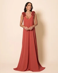 Vestido de Festa Longo Crepe Chiffon Fluido Decote em V Flores Terracota