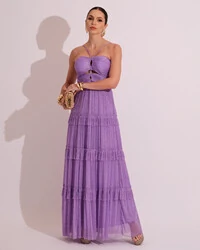 Vestido de Festa Longo Tule com Saia Babado Lilás