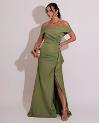 Vestido de Festa Longo Ombro a Ombro com Fenda em Alfaiataria Verde Matcha