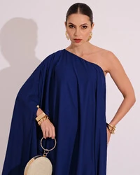 Vestido de Festa um Ombro com Capa Crepe Fluido Azul Marinho