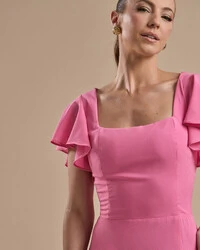 Vestido de Festa Longo Crepe Chiffon Manga Babado e Fenda Rosa