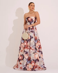 Vestido de Festa Longo em Zibeline Estampado Tomara que Caia Floral