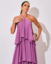 Vestido Longo Babado em Camadas Fúcsia