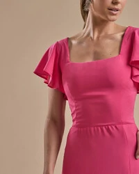 Vestido de Festa Longo Crepe Chiffon Manga Babado e Fenda Pink New