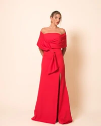 Vestido de Festa Longo Alfaiataria Ombro a Ombro Laço e Fenda Vermelho