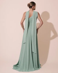 Vestido de Festa Longo Crepe Chiffon Um Ombro Só Drapeado com Lenço Verde Menta
