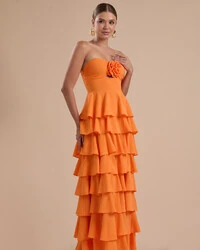 Vestido Longo Crepe Chiffon Tomara que Caia Plissado em Camadas Laranja