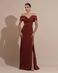 Vestido de Festa Longo Alfaiataria Ombro a Ombro com Fenda Terracota
