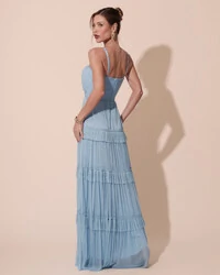 Vestido de Festa Longo Tule com Saia Babado Azul Serenity