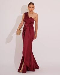 Vestido de Festa Longo Cetim Alfaiataria Tomara que Caia Faixa Marsala