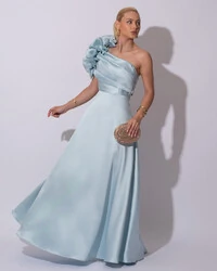 Vestido de Festa Longo Zibeline um Ombro Só Flor Drapeado Tiffany