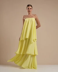 Vestido de Festa Longo Chiffon Crepe em Camadas com Lenço Amarelo Manteiga