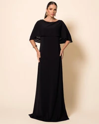 Vestido de Festa Longo Crepe Chiffon com Capa e Degagê nas Costas Preto