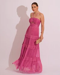 Vestido de Festa Longo Tule com Saia Babado Pink