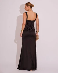 Vestido Longo de Festa Cetim Alfaiataria Drapeado Sereia Preto
