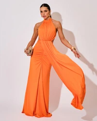 Vestido de Festa Longo Malha Jersey Gola Alta Saia Sereia Laranja