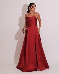 Vestido de Festa Longo Tomara que Caia Trançado Costa em Zibeline Marsala