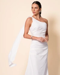 Vestido de Festa Longo Alafataria Um Ombro Só Detalhe Drapeado Branco